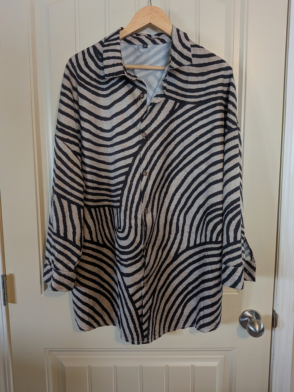 Black and Cream Abstract Wave Button-Up Shirt